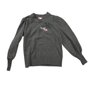 LC Lauren Conrad "Kiss Me" Mistletoe Sweater Womens L Gray Puff Sleeve Holiday